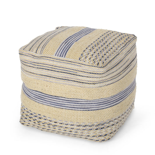 Western - Handcrafted Fabric Pouf, Durable - Natural / Blue