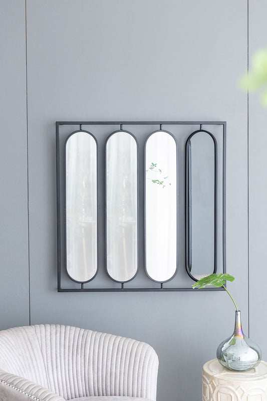 Large 4 Oval Wall Mirror With Square Frame, Home Decor For Living Room, Bedroom, Entryway, Office - Black