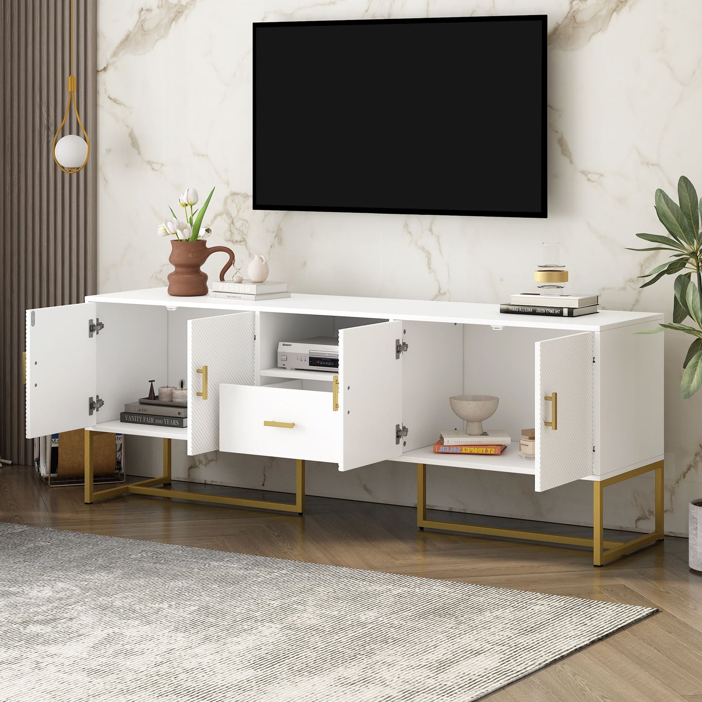 TV Cabinet With 1 Drawer, 2 Cabinets, Handles And Anti-Tip Device