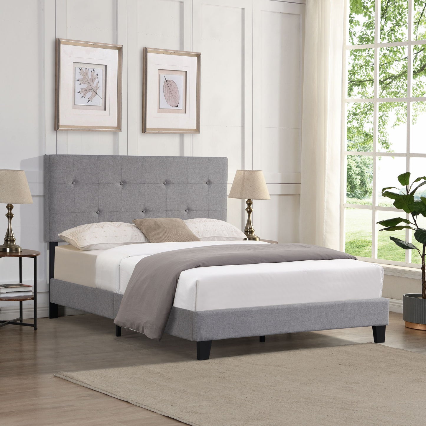 Modern Upholstered Platform Bed Frame With Button Tufted Linen Headboard And Wood Slat Support
