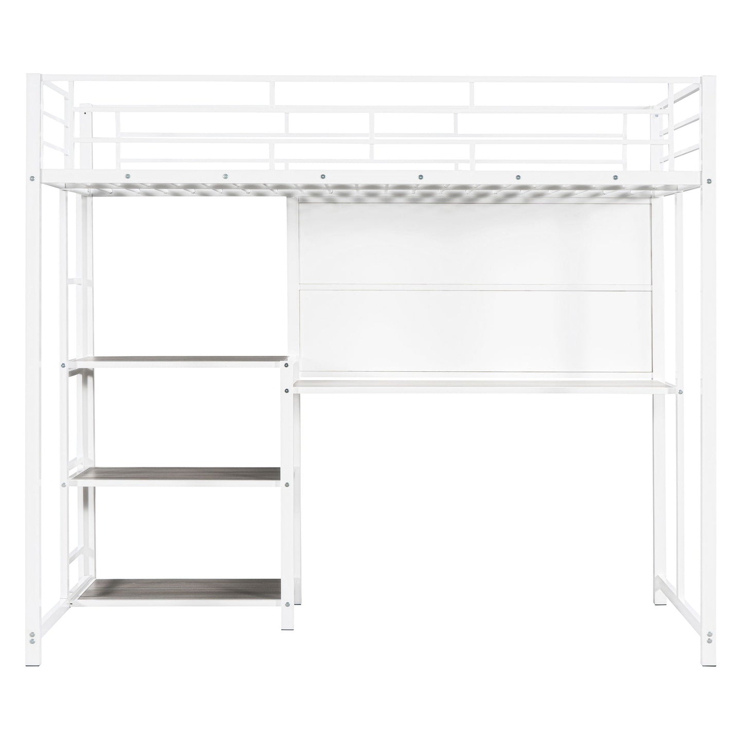 Metal Loft Bed With Desk, 3 Shelves And Ladder