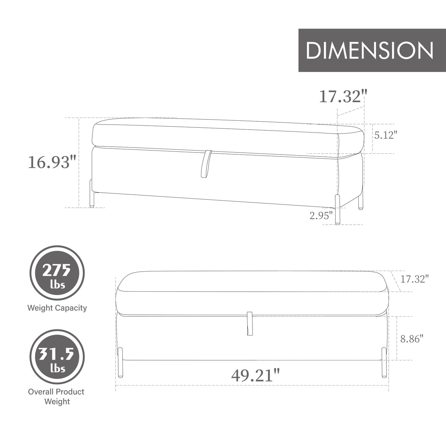 Wide Upholstered Velvet Storage Soft Bench Ottoman With Metal Legs