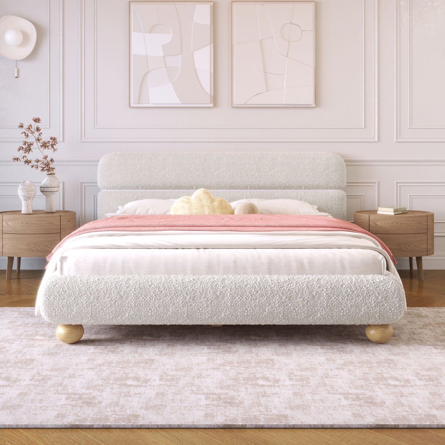 Queen Size Contemporary Low Profile Upholstered Bed With Teddy Fleece Boucle Fabric And Solid Round Legs - White