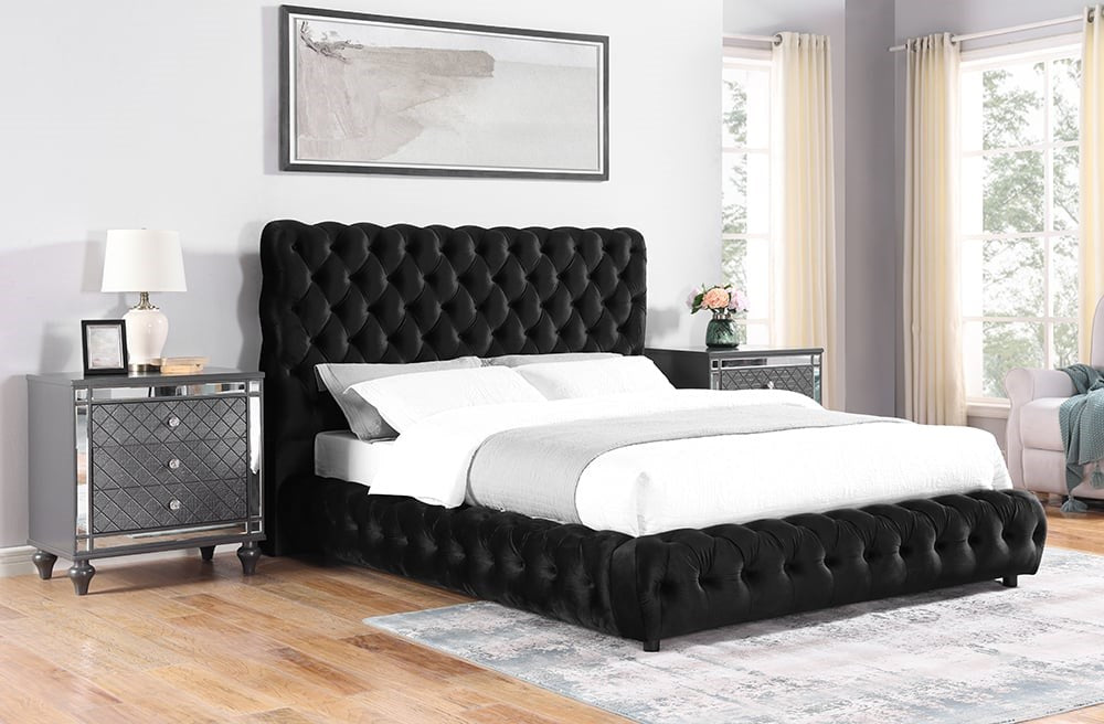 Contemporary Upholstered Queen Bed with Tufted Headboard and Footboard