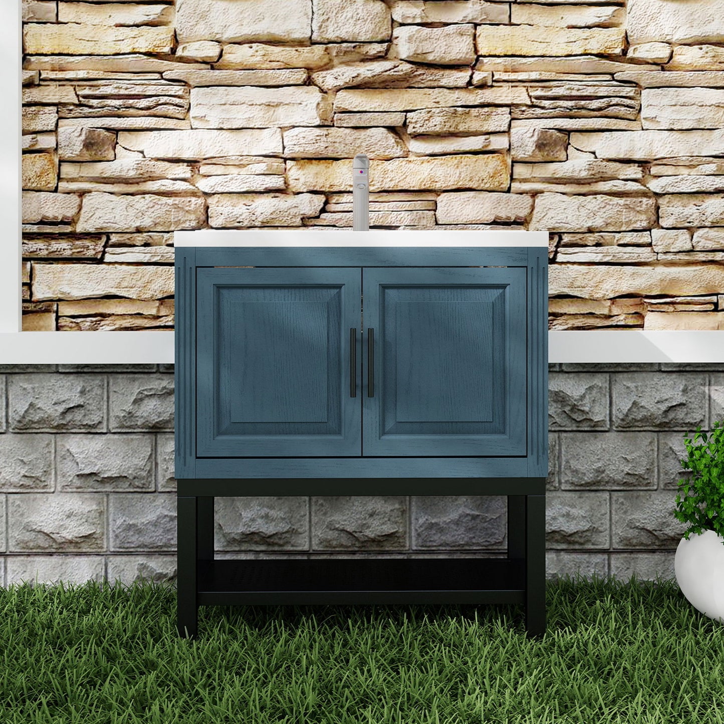 Modern Freestanding Bathroom Vanity With Ceramic Sink, Hot And Cold Faucet, Storage Cabinet & Open Shelf