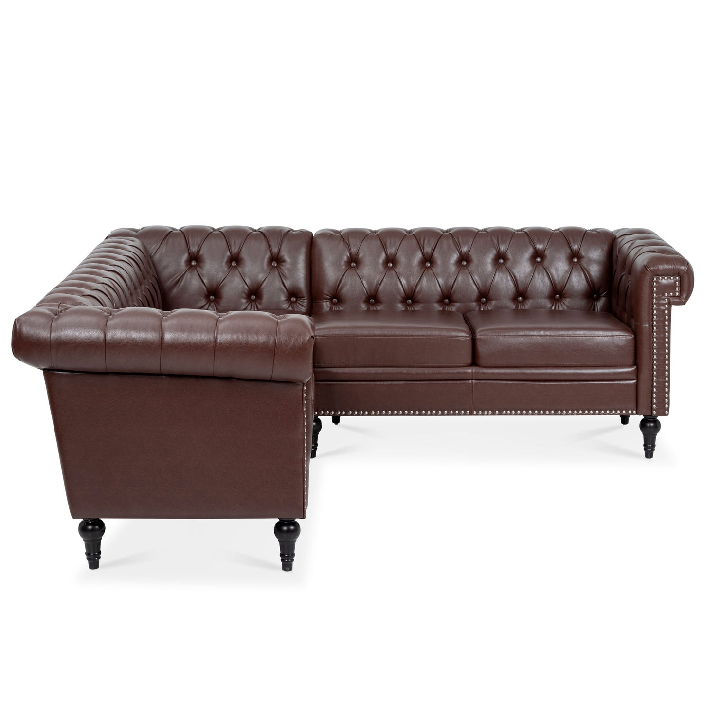 L Shaped Reversible Modern Chesterfield Sofa With Rolled Arms And Nailhead, 5 Seat Tufted Couch