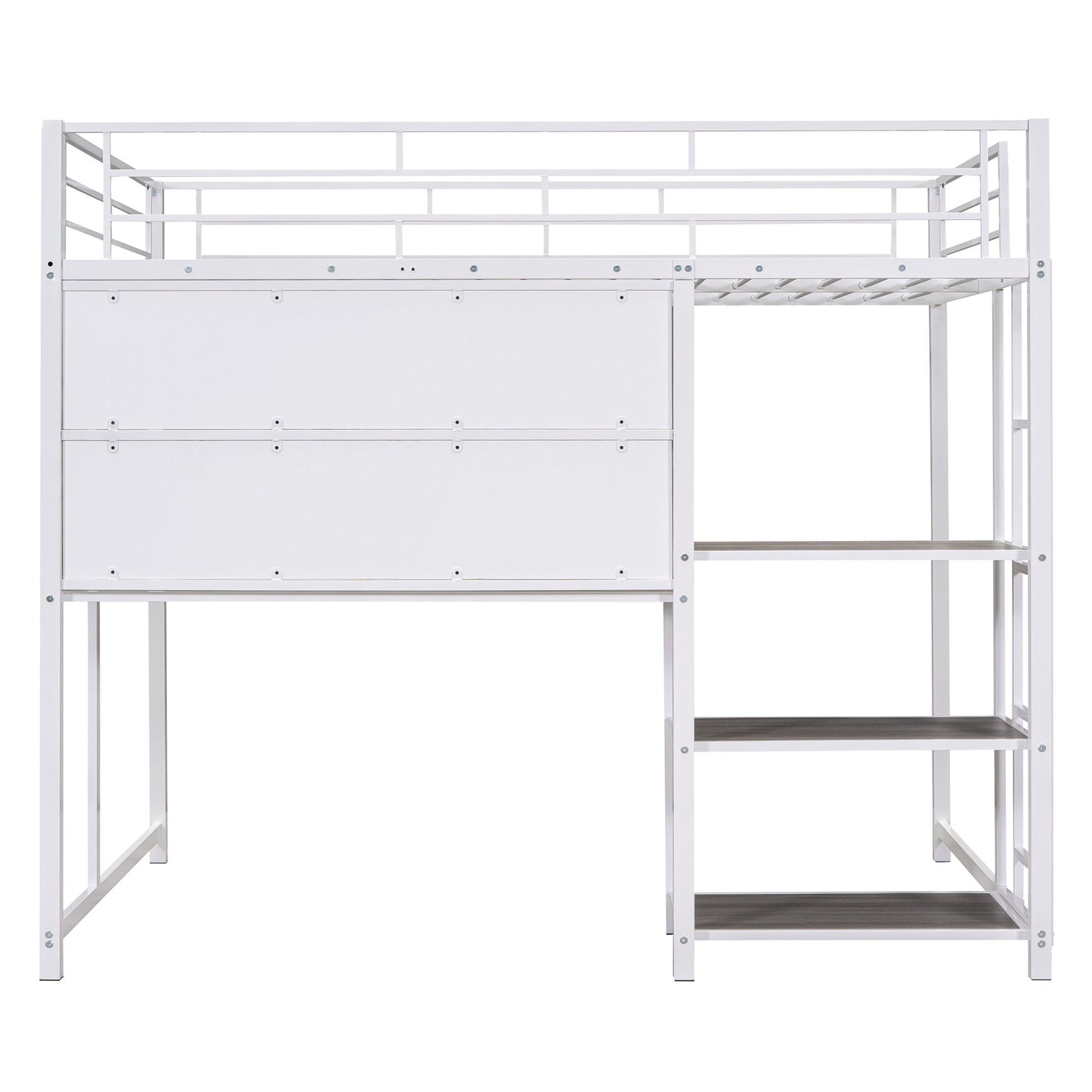 Metal Loft Bed With Desk, 3 Shelves And Ladder
