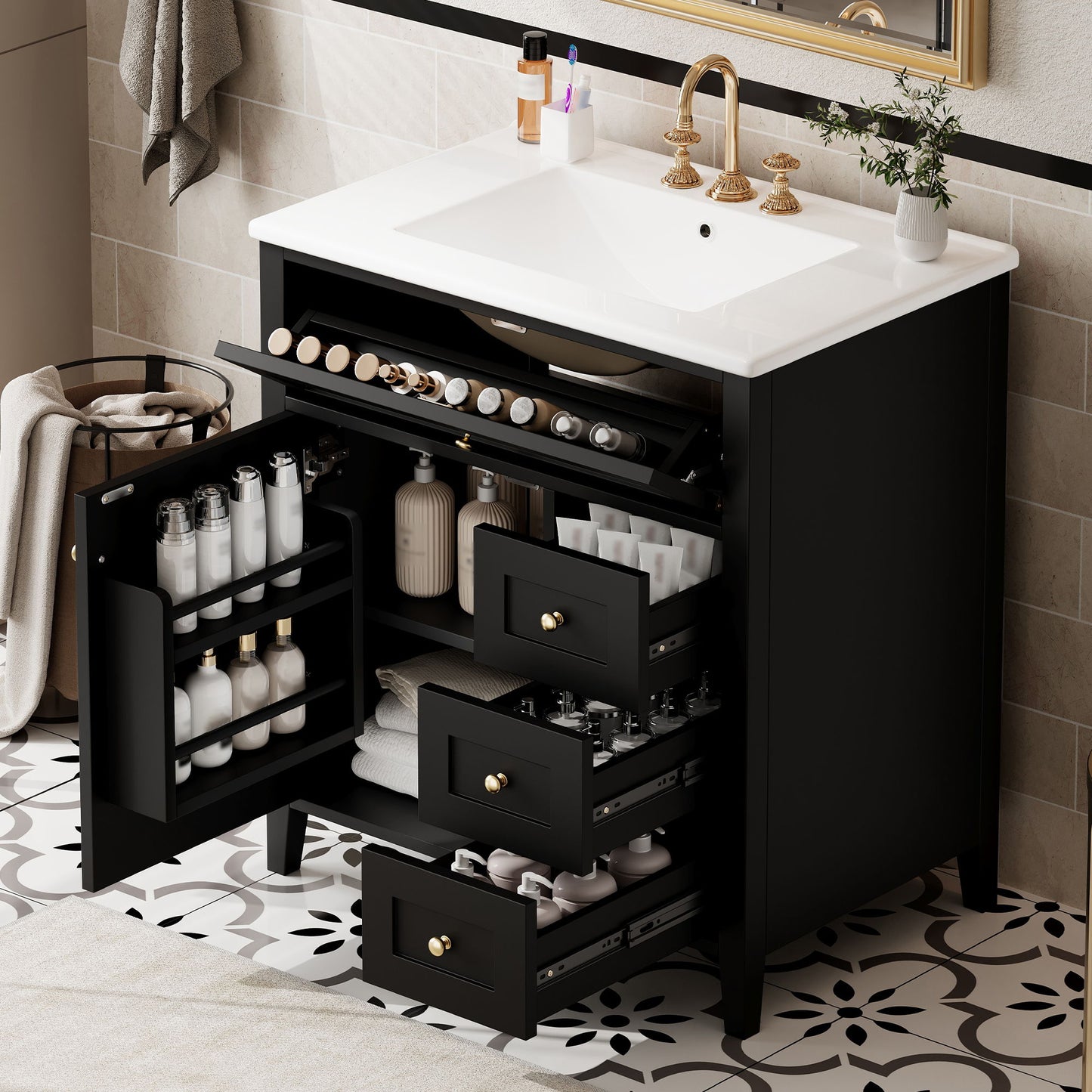 Bathroom Vanity With Sink, 3 Drawers And Adjustable Shelf