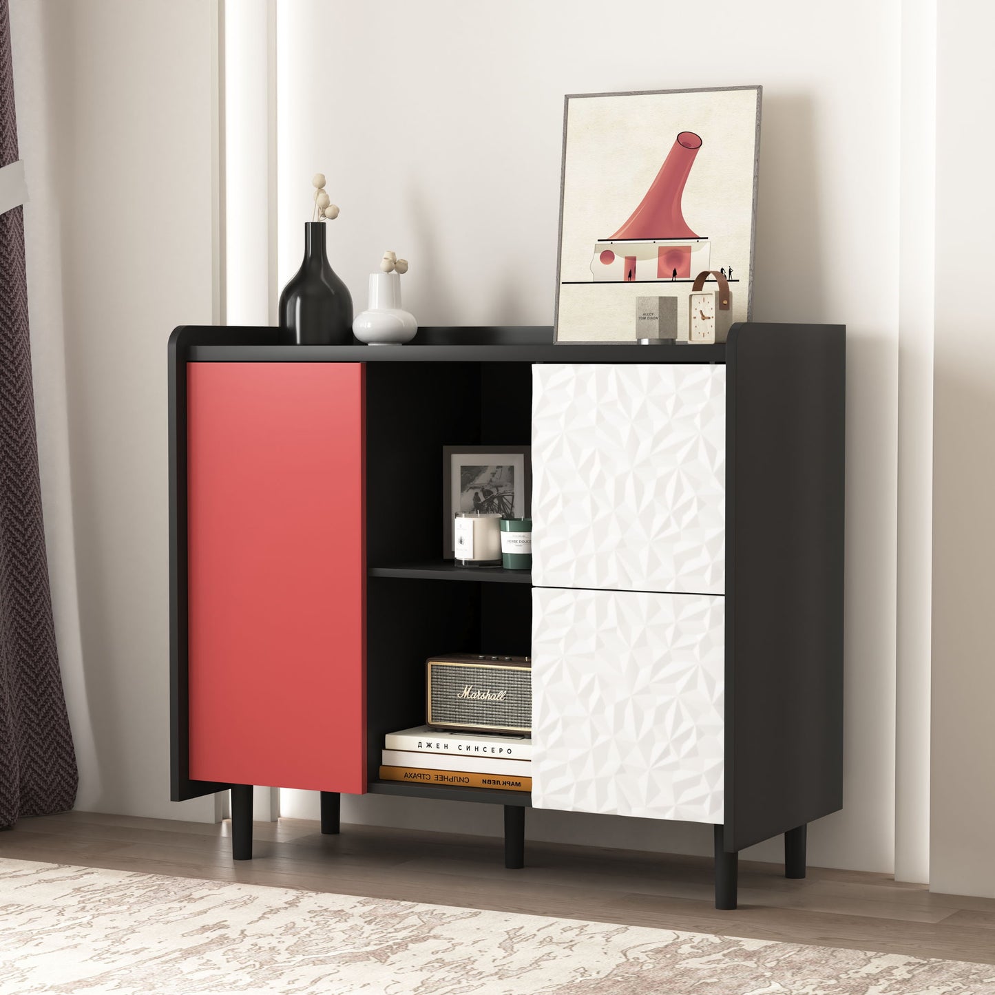 Modern Sideboard Buffet Cabinet With Red Doors And Unique Panel Styling