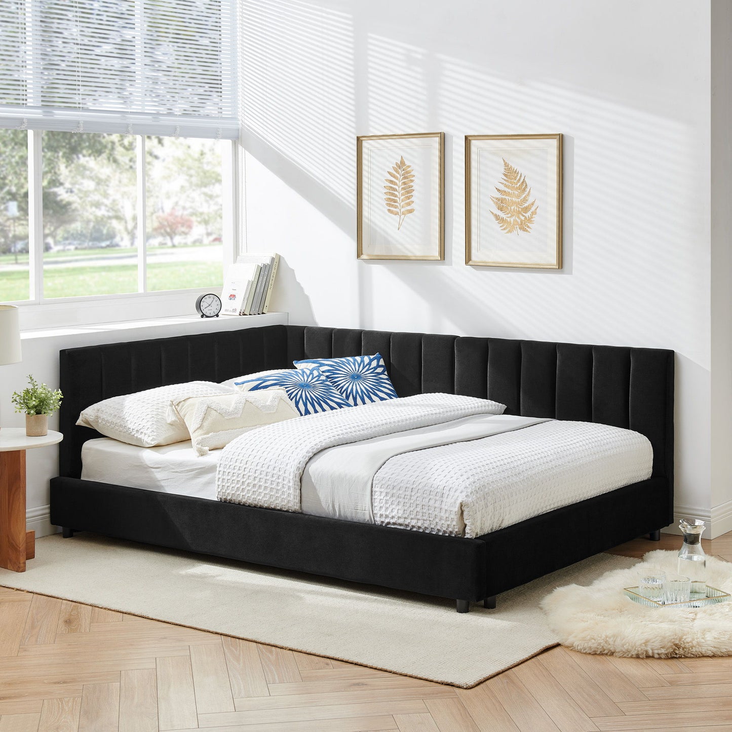 Mid-Century Upholstered Tufted Bed Frame With Backrest And Armrests