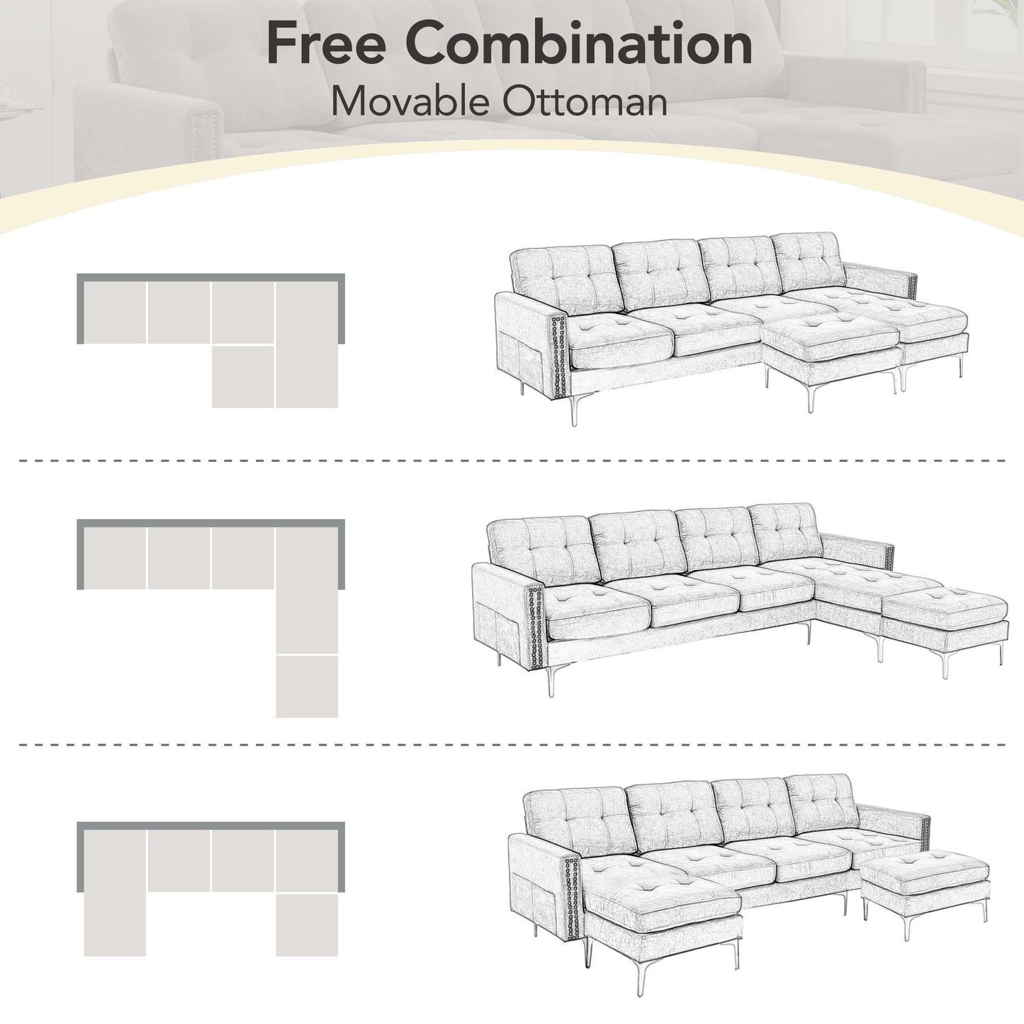 Modern L - Shape Convertible Sectional Sofa With Movable Ottoman
