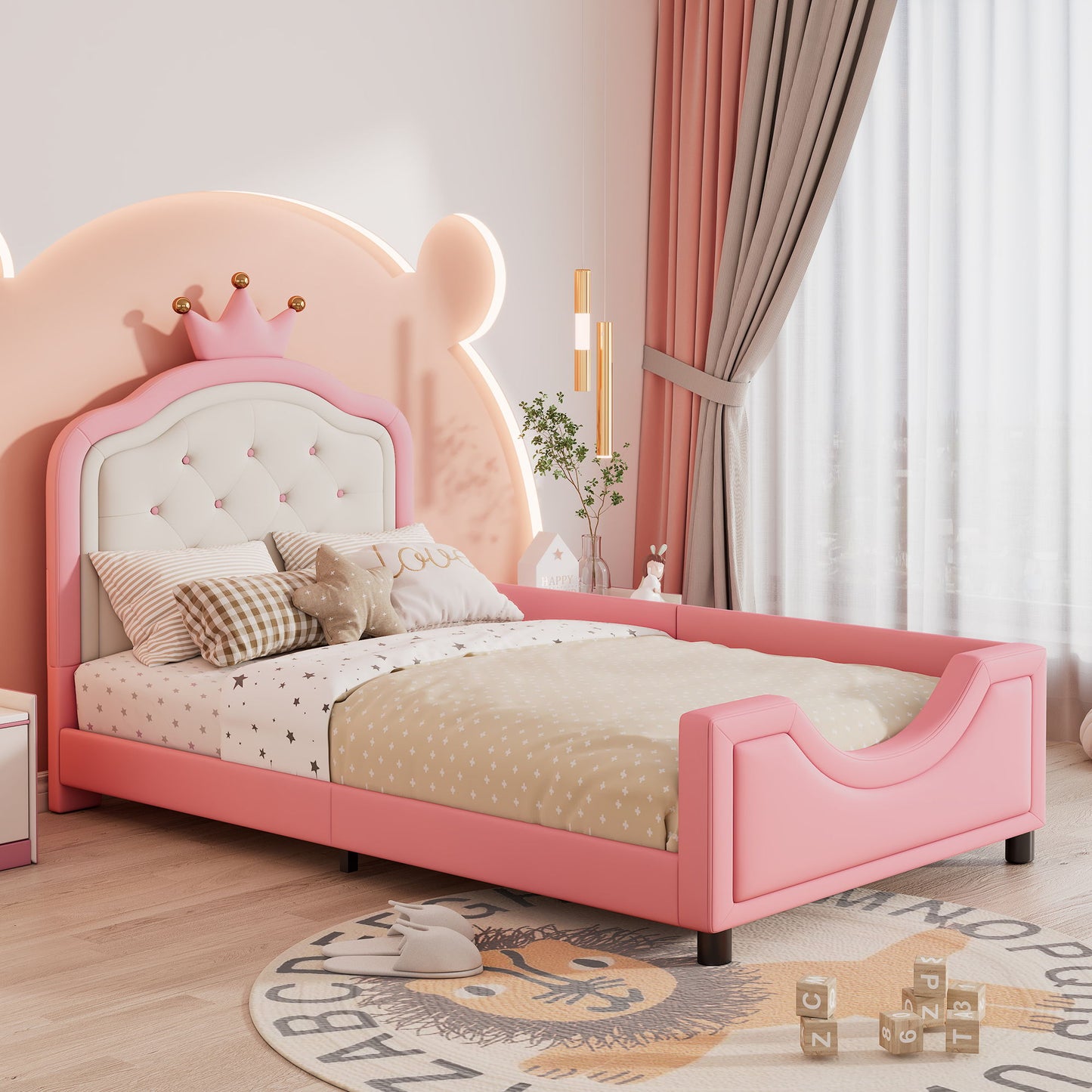 Twin Size Cute Princess Upholstered Daybed Low To The Ground Design With Button Tufted Crown Headboard For Kids - Pink