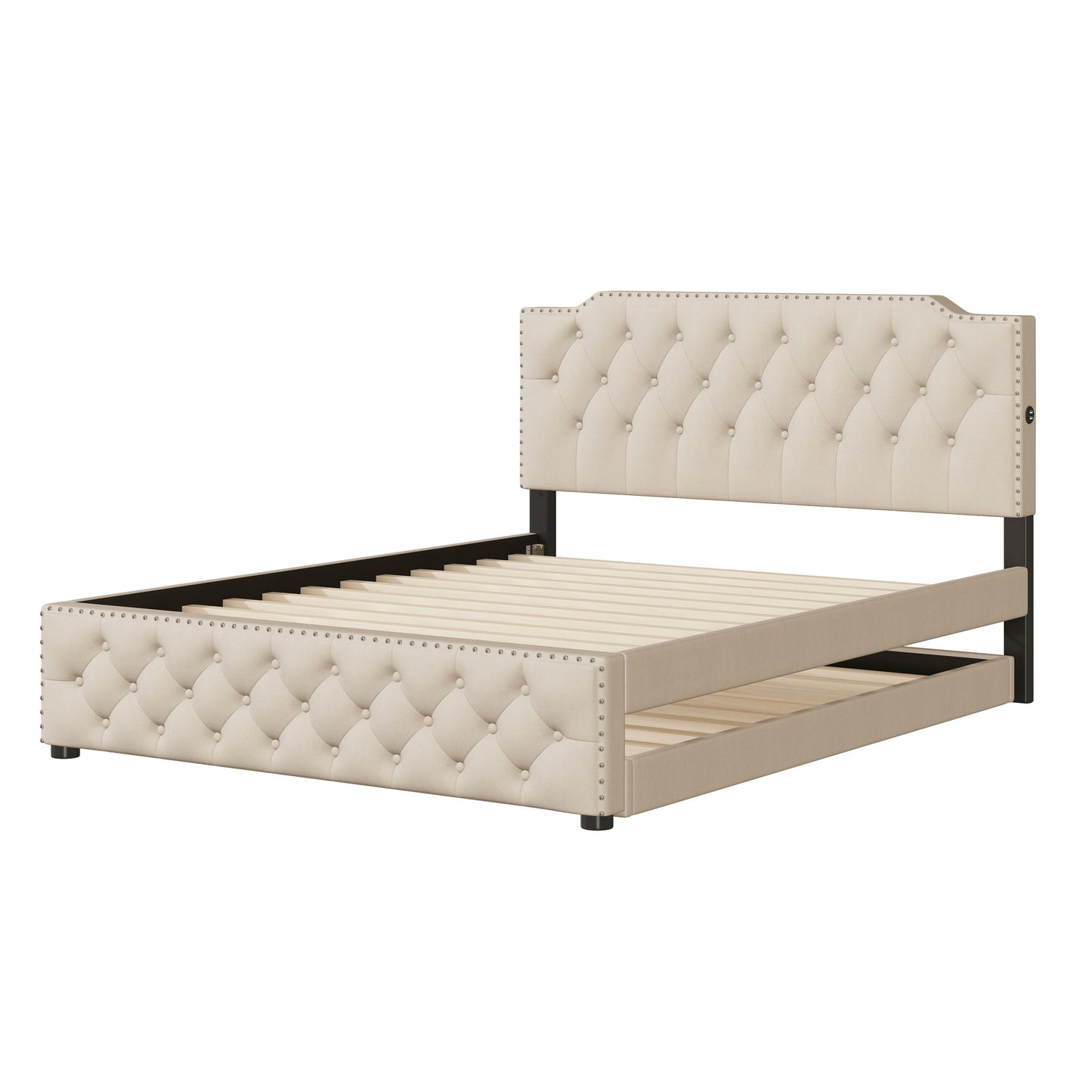 Upholstered Platform Bed With Trundle And 2 Sets Of USB Ports On Each Side, Linen Fabric