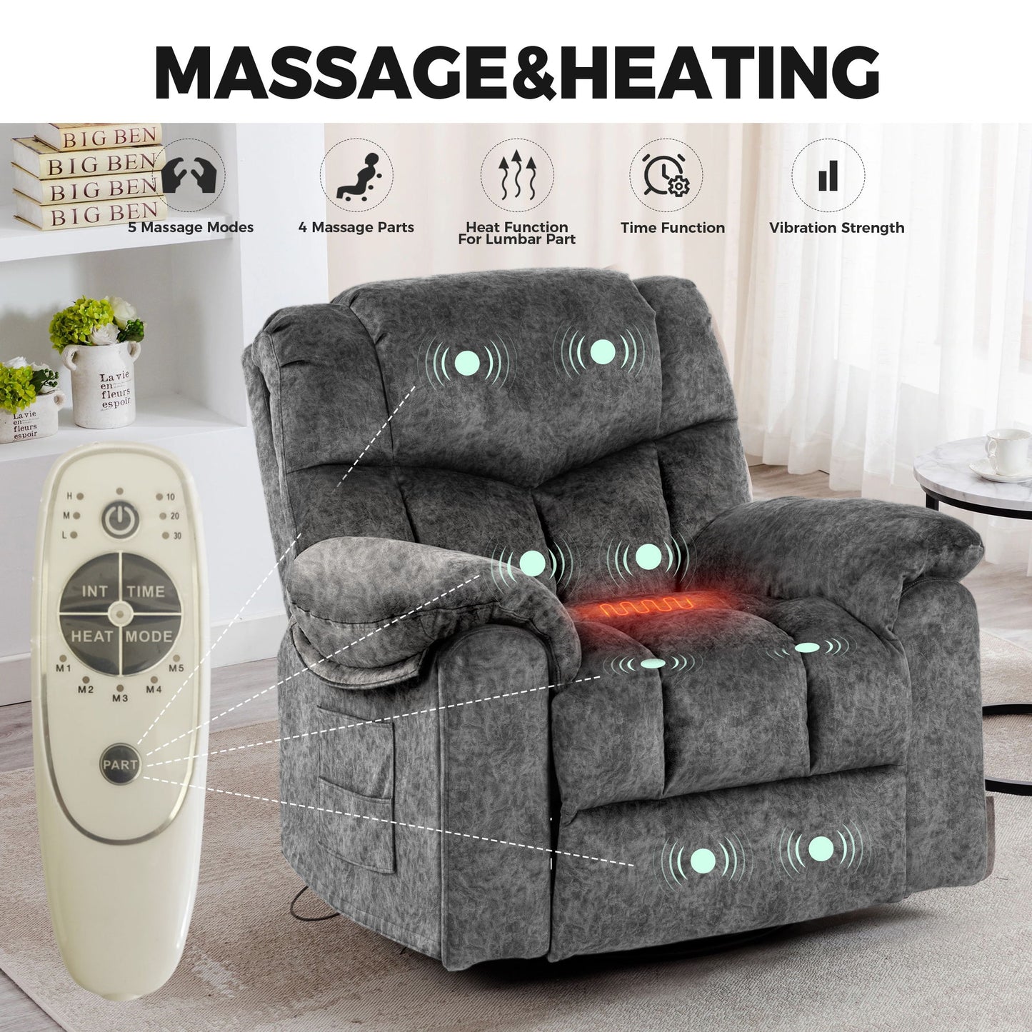 Swivel And Rocking Recliner Chair With Massage And Heating