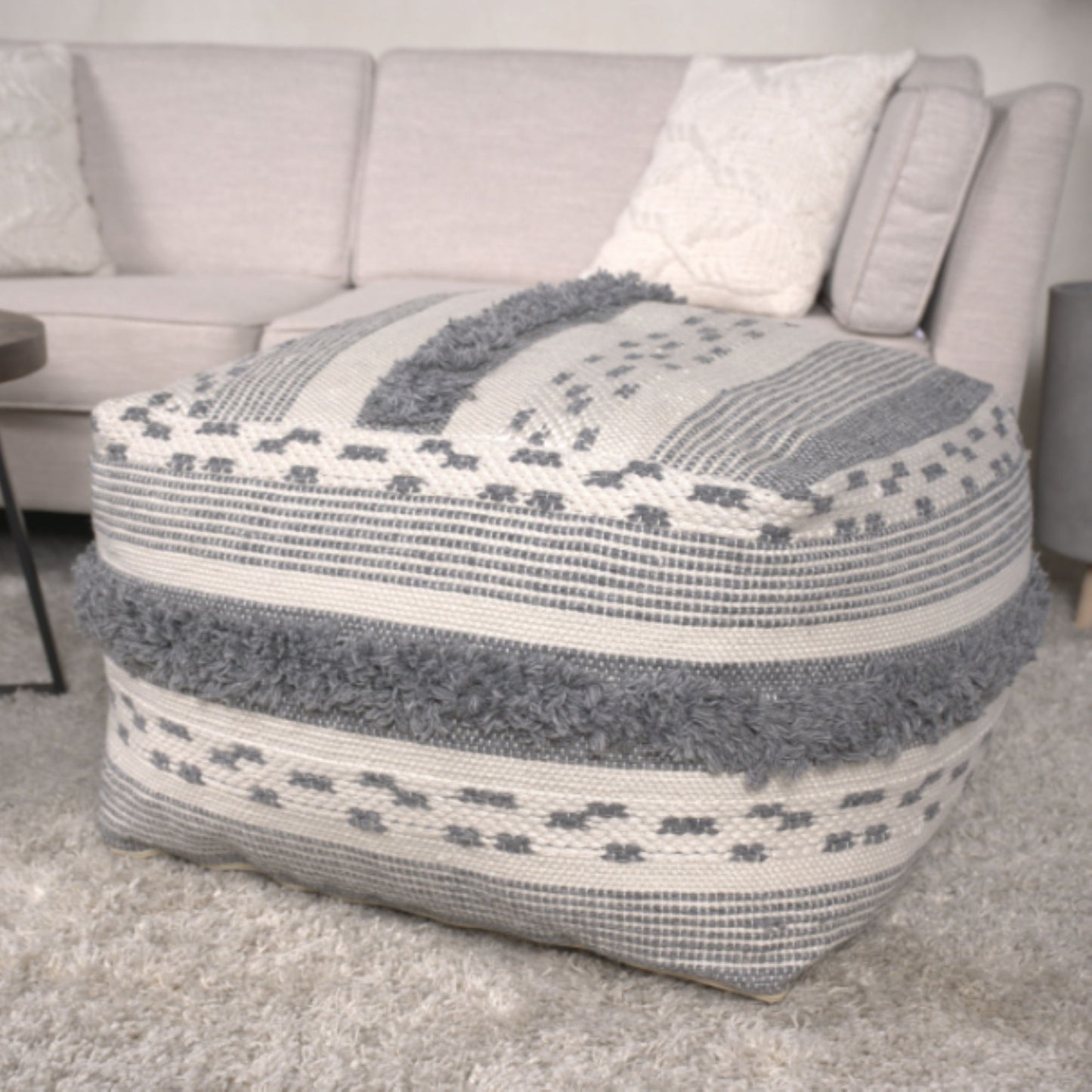 Karim - Faux Yarn Large Pouf, Durable - Ivory / Gray