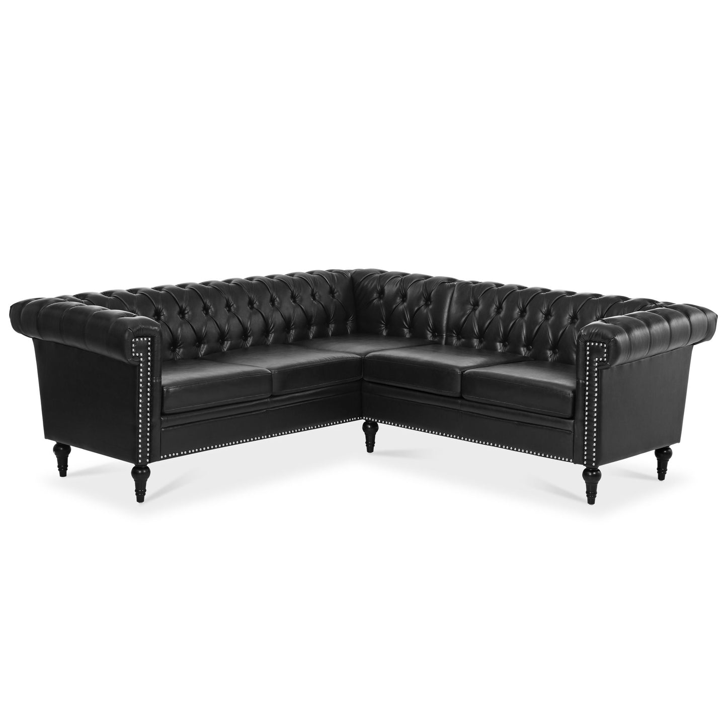 L Shaped Reversible Modern Chesterfield Sofa With Rolled Arms And Nailhead, 5 Seat Tufted Couch