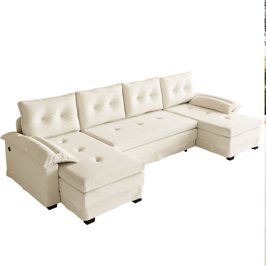 U-Shaped Sleeper Sofa With Pull Out Bed, Removable Armrests & USB Ports For Living Room