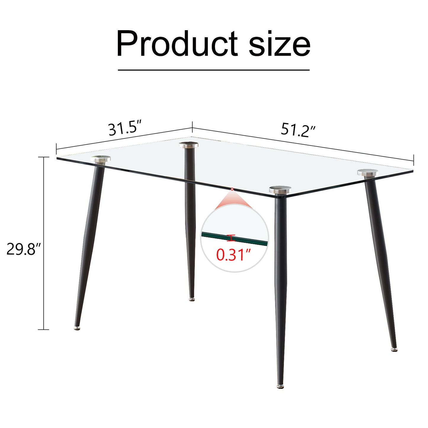 Modern Rectangular Glass Dining Table With Tempered Glass Top And Metal Legs For 4 - 6 People - Black / Transparent
