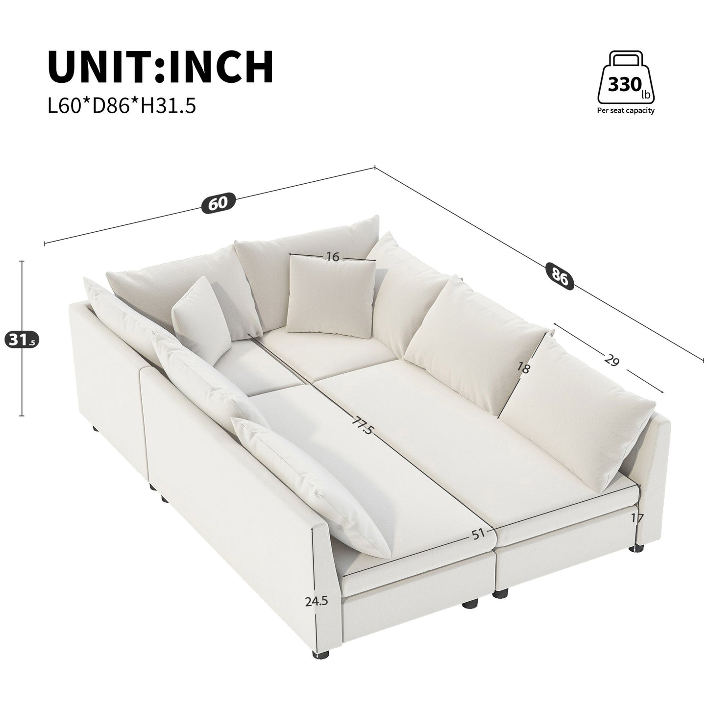 Modular Sectional Bed Couch Set With Pillows Free Combination, Minimalist Style Oversized 6 Seat Convertible Sofa