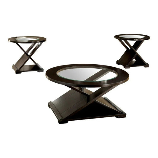 Coffee Table With Cross Design Base, Beveled Glass Top - Espresso