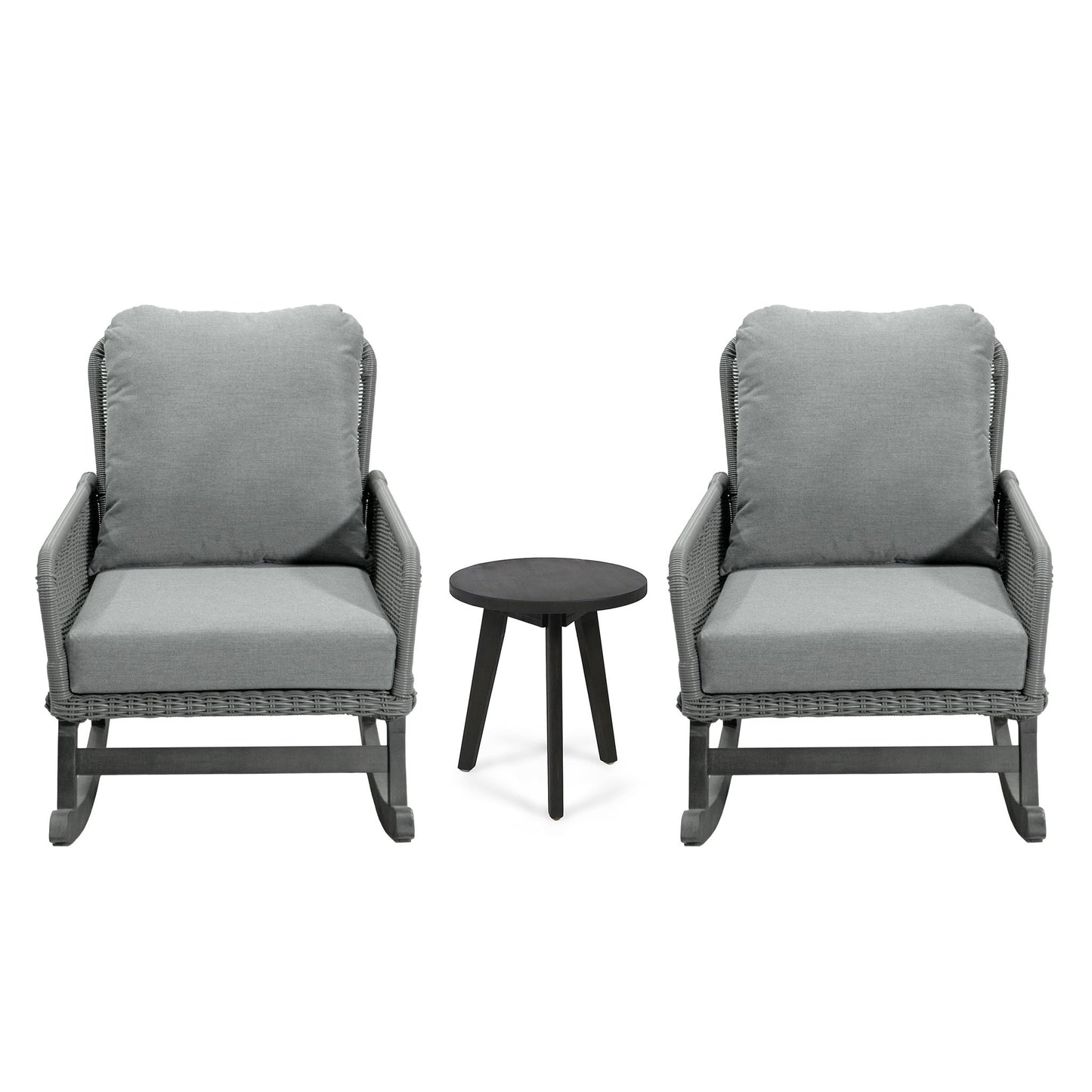 Modern 3 Piece Outdoor Seating Set With Cushioned Rattan Rocking Chairs And Wooden Accent Table