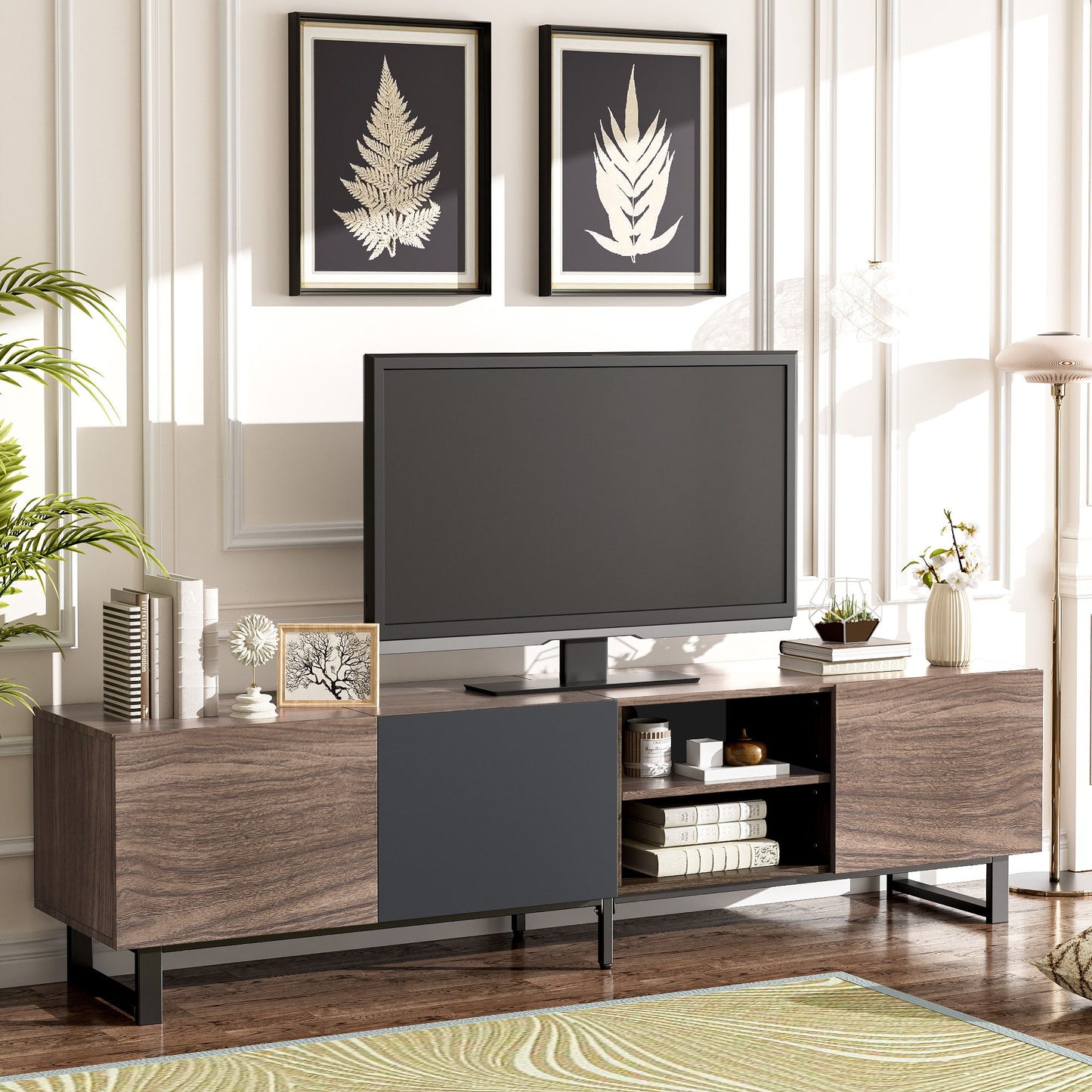 Modern TV With 3 Cabinets & Open Shelves, Color-Matching Media Console Table For Tvs Up To 80'', Entertainment Center With Drop Down Door For Living Room - Dark Brown