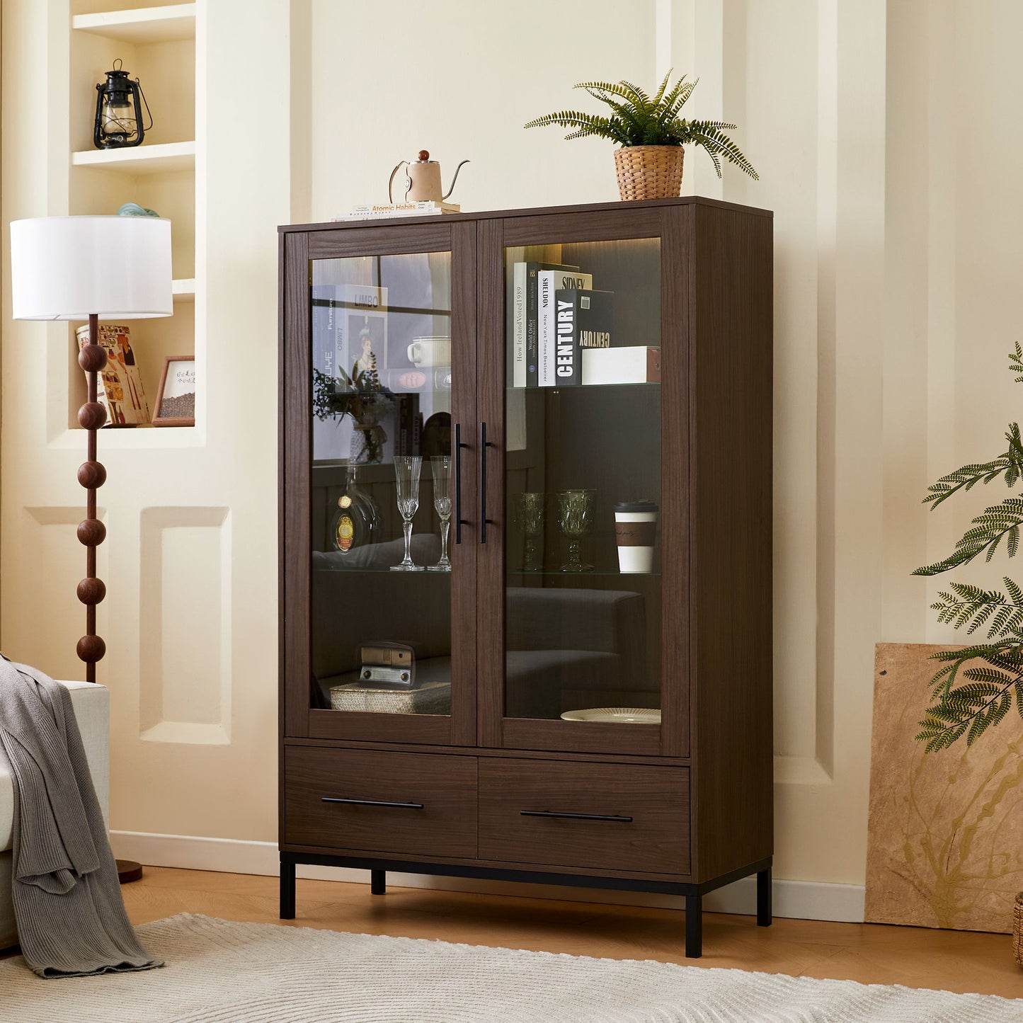 Modern Style Tall Display Cabinet With LED Lighting, Tempered Glass Door, 2 Drawers