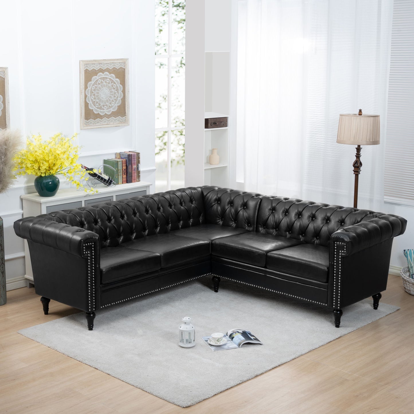 L Shaped Reversible Modern Chesterfield Sofa With Rolled Arms And Nailhead, 5 Seat Tufted Couch