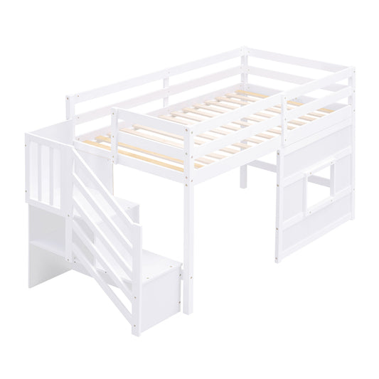 Loft Bed With Storage Staircase, Window & LED Light