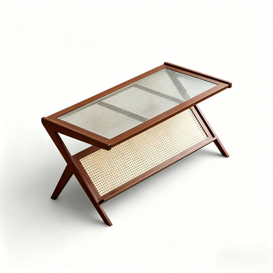 Rattan Coffee Tables For Living Room, Mid Century Modern Coffee Table With Glass Top, Large Boho Center Table With Storage - Brown