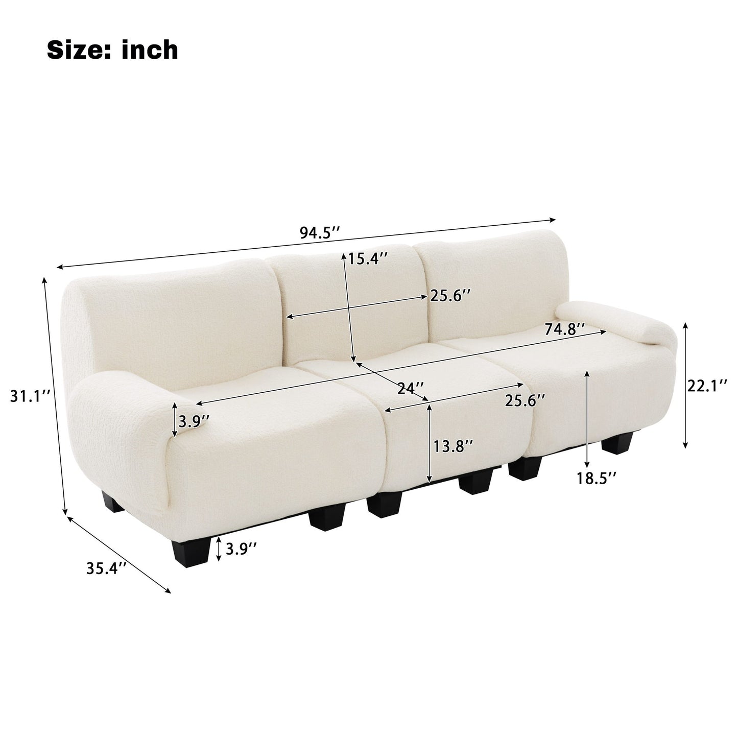 3 Seater Sofa Couch With Curved Armrests