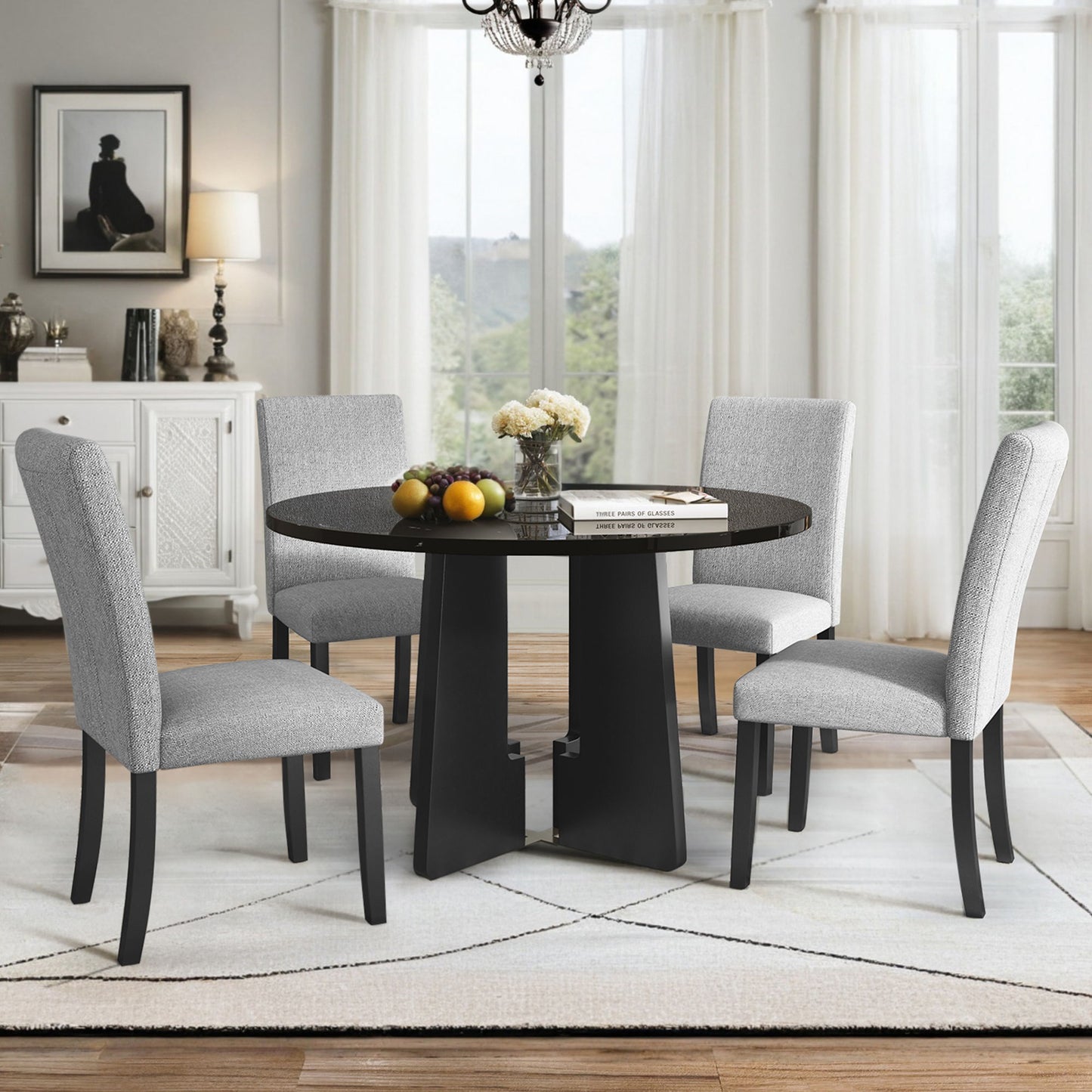 5 Piece Round Dining Table Set, Modern Table And 4 Upholstered Chairs For Dining Room