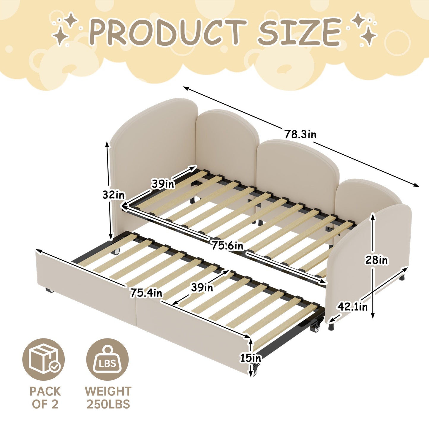 Modern Velvet Upholstered Daybed With Additional Bed Frame