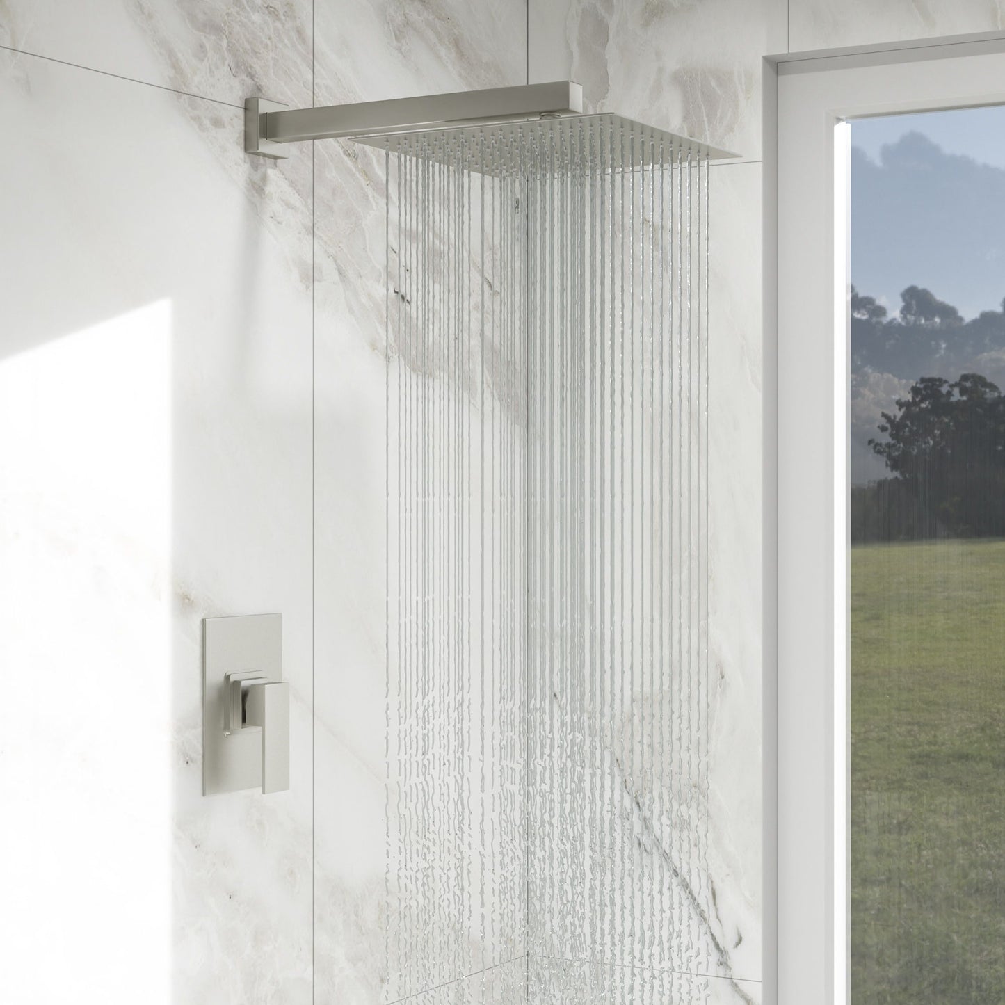 Shower Faucet Set With Rainfall Shower Head And Shower Valve, Stainless Steel And Brass