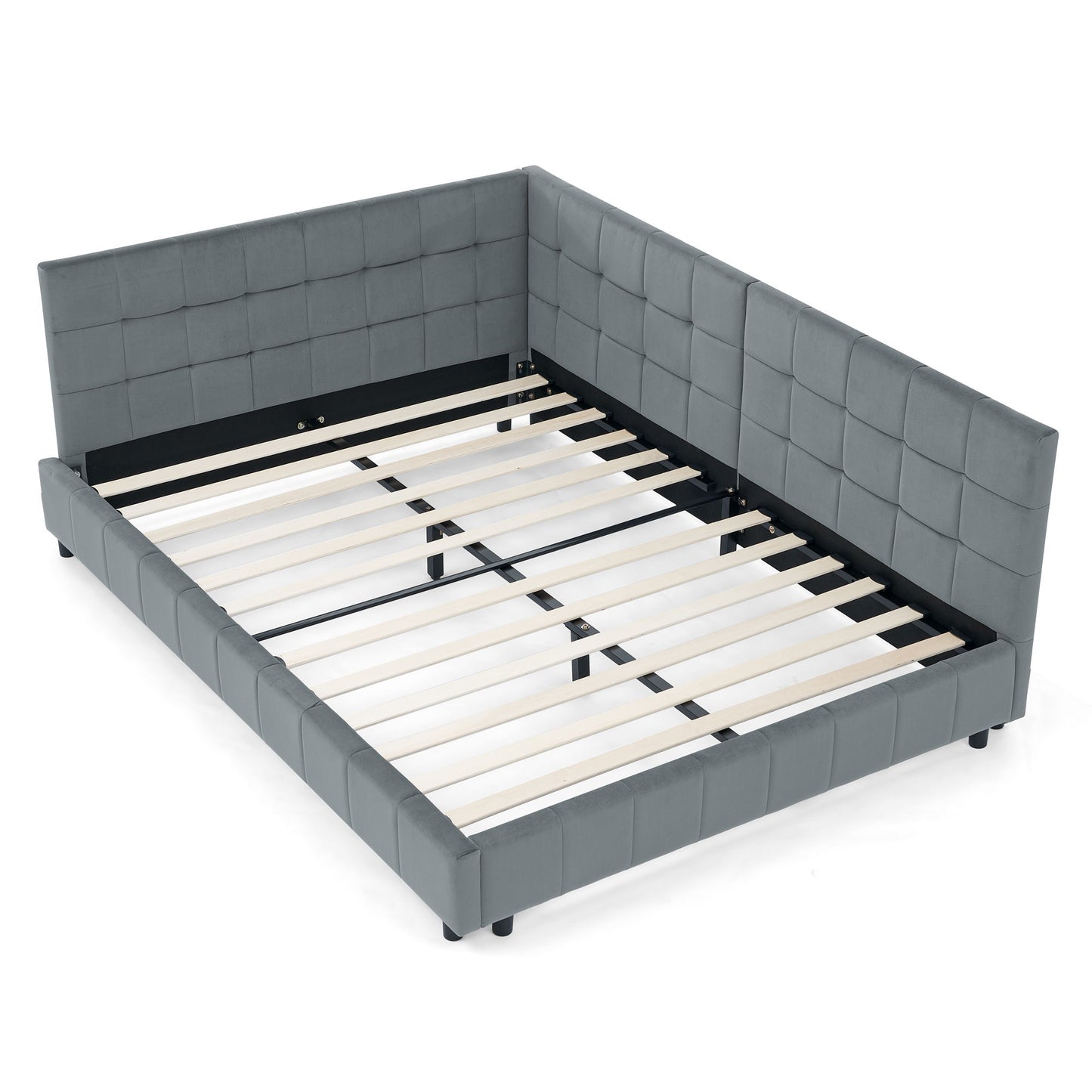 Mid-Century Storage Upholstered Tufted Bed Frame With Backrest And Armrests