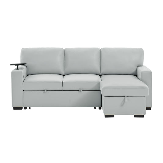 U0212 - Pull Out Sofa Bed With 1 Table Tray, 1 USB, And Storage Chaise - Silver