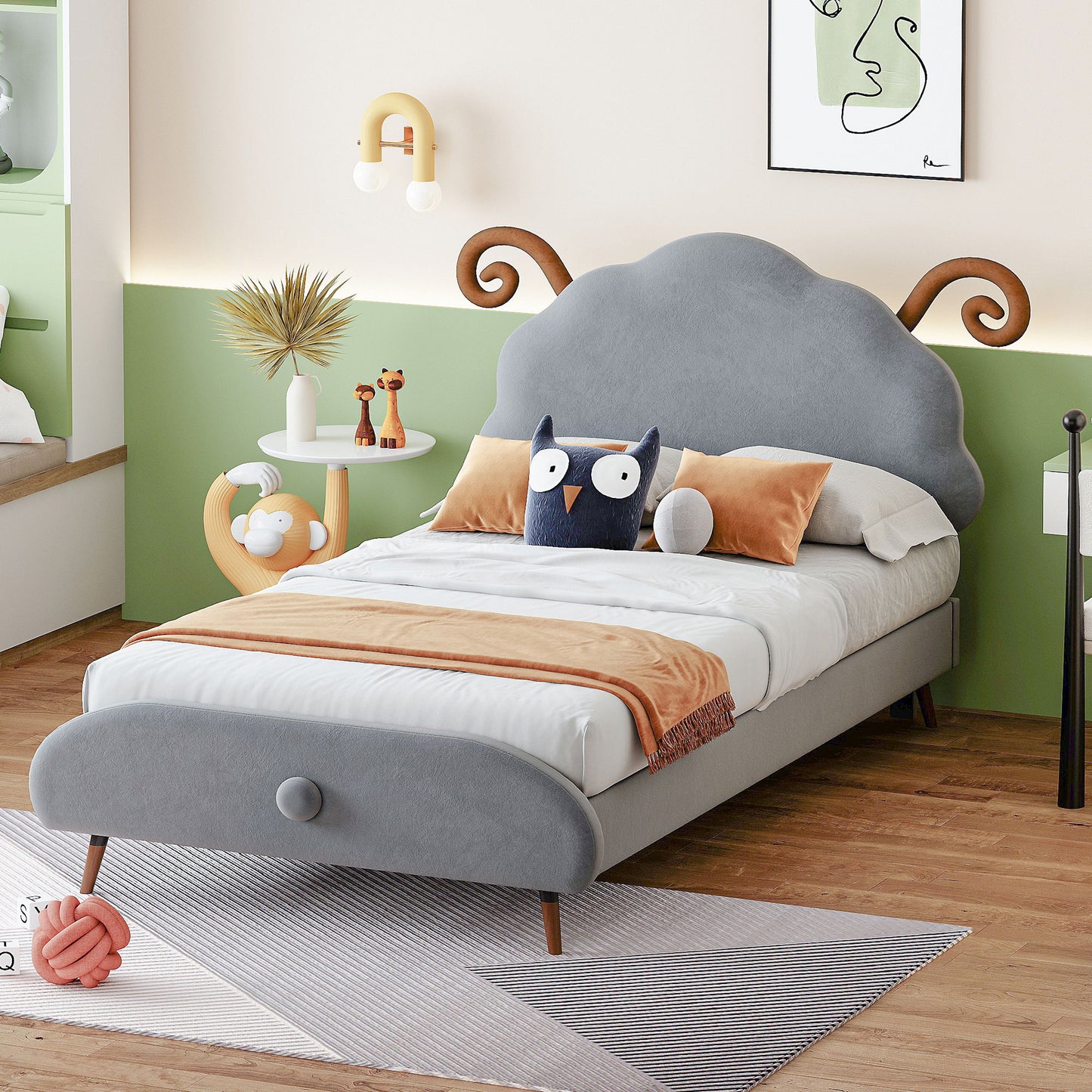 Upholstered Platform Bed With Sheep Shaped Headboard
