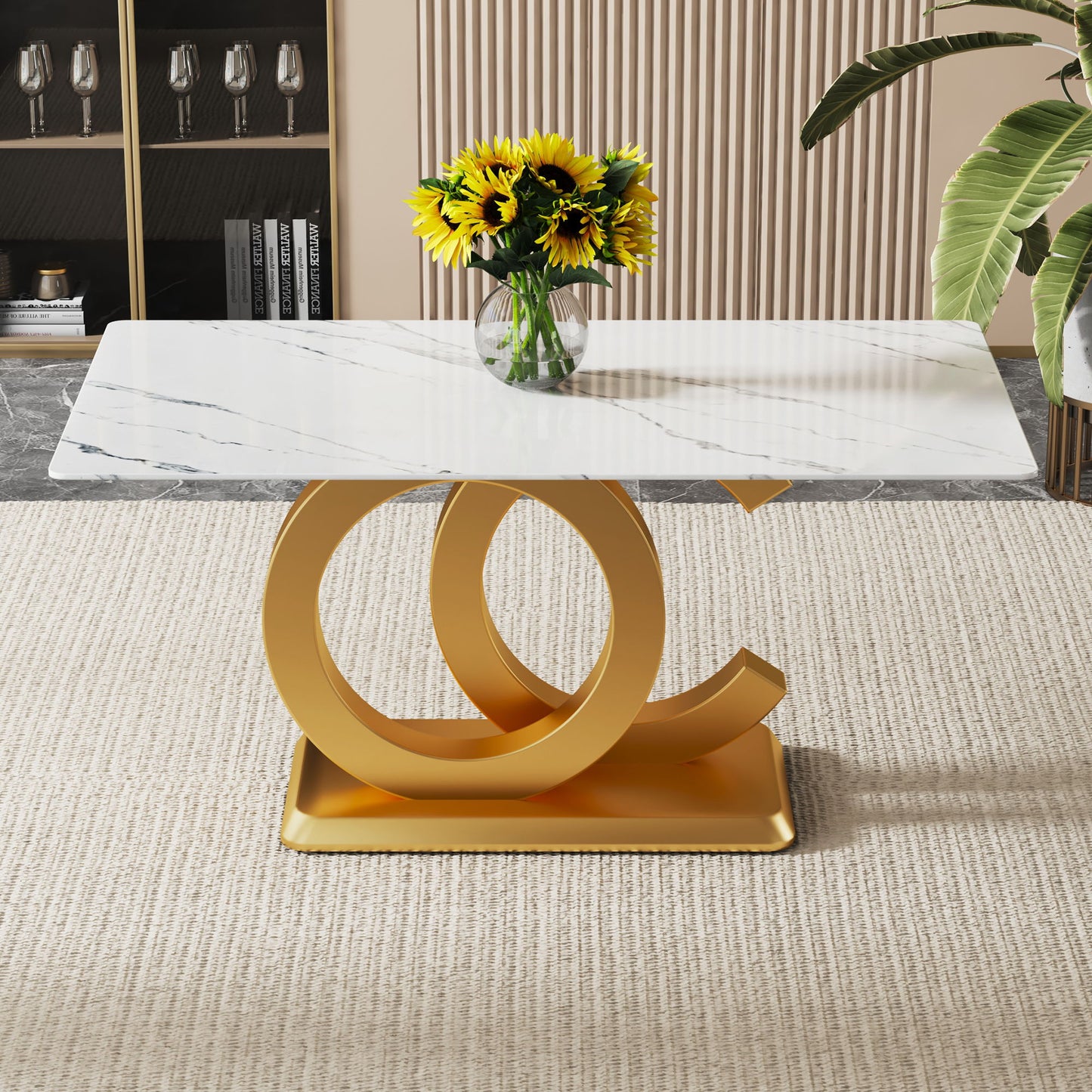 Modern Minimalist Rectangular Dining Table For 6 - 8 People With Brackets And Aureate Base - Gold