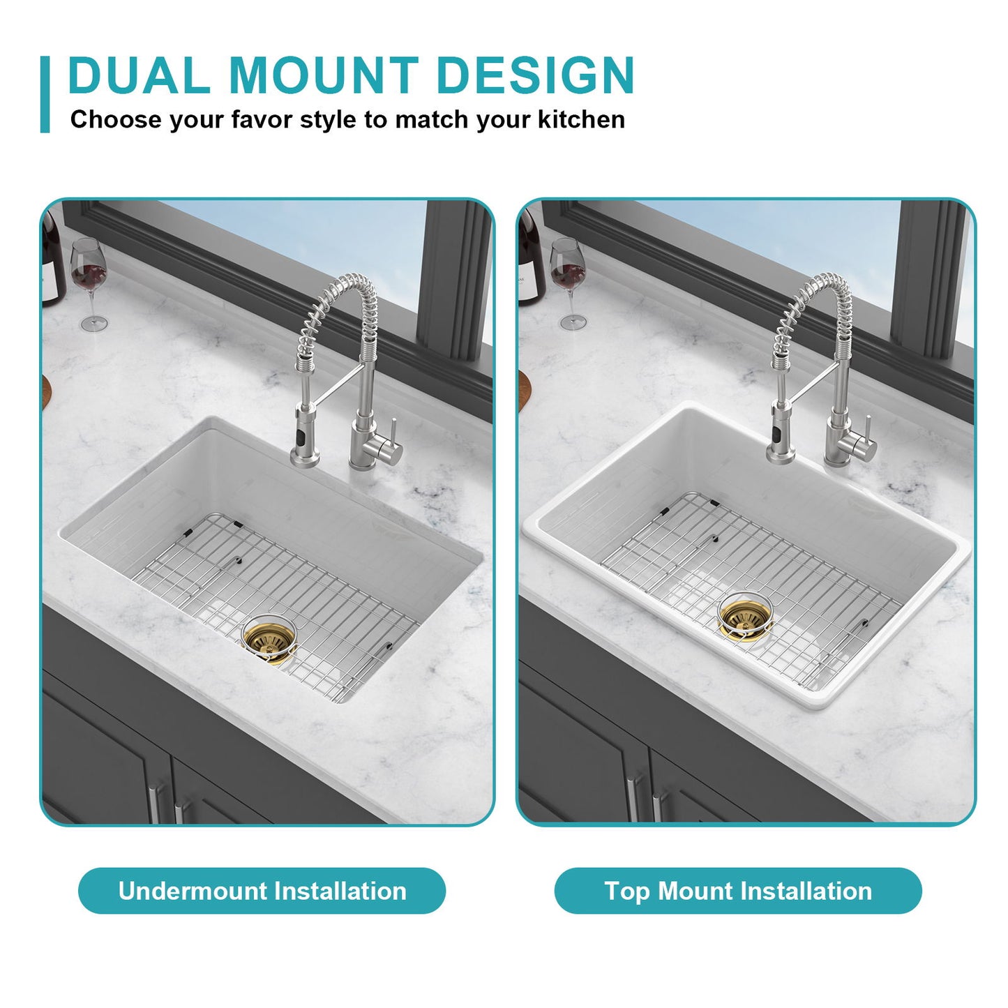 Undermount Single Bowl Ceramic Kitchen Sink, Dual Mount