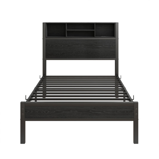 Modern Metal Platform Bed Frame With Storage Headboard And Charging Station