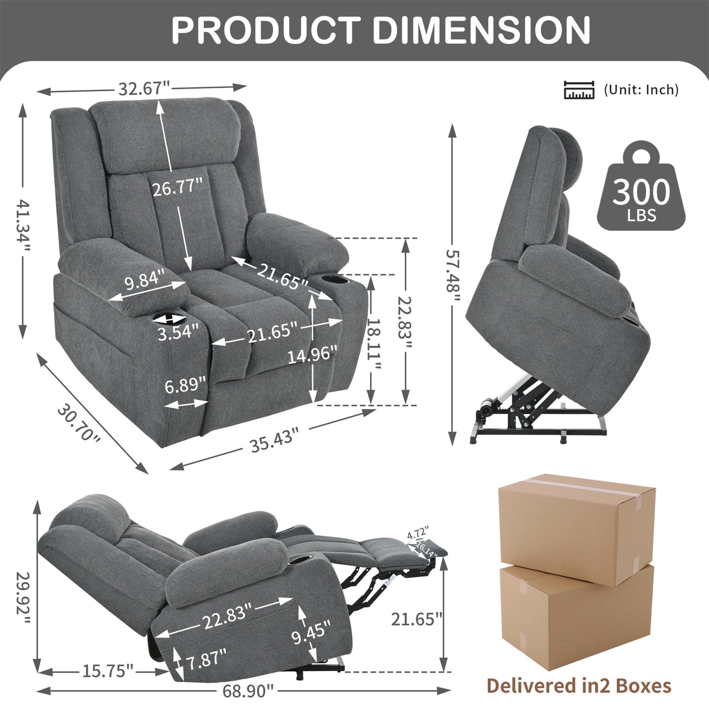 Power Lift Recliner Chair With Extended Footrest, Remote Control, Cup Holders, And Side Pockets