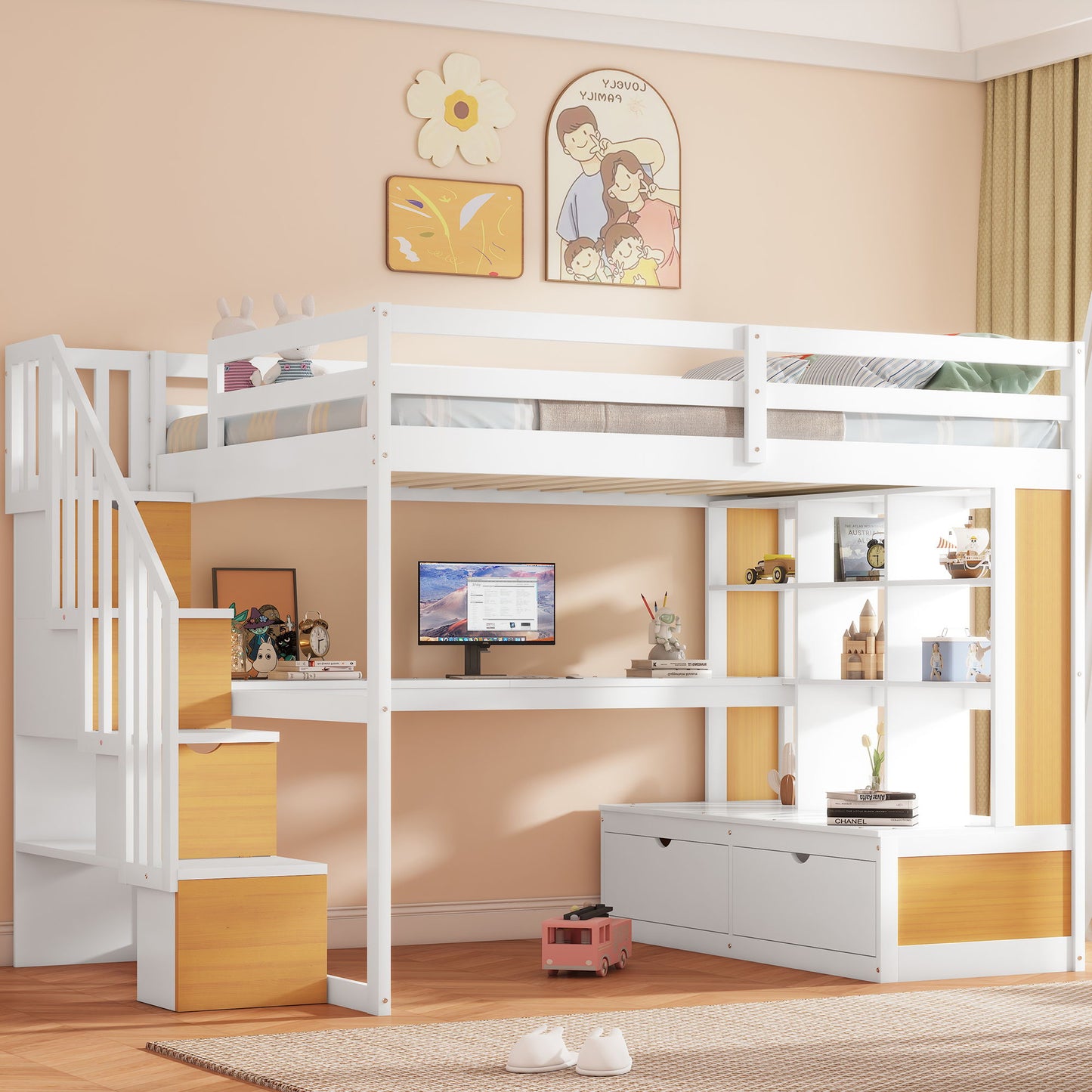 Full Size Loft Bed With Desk And Shelves, 2 Built In Drawers, Storage Staircase - Natural / White