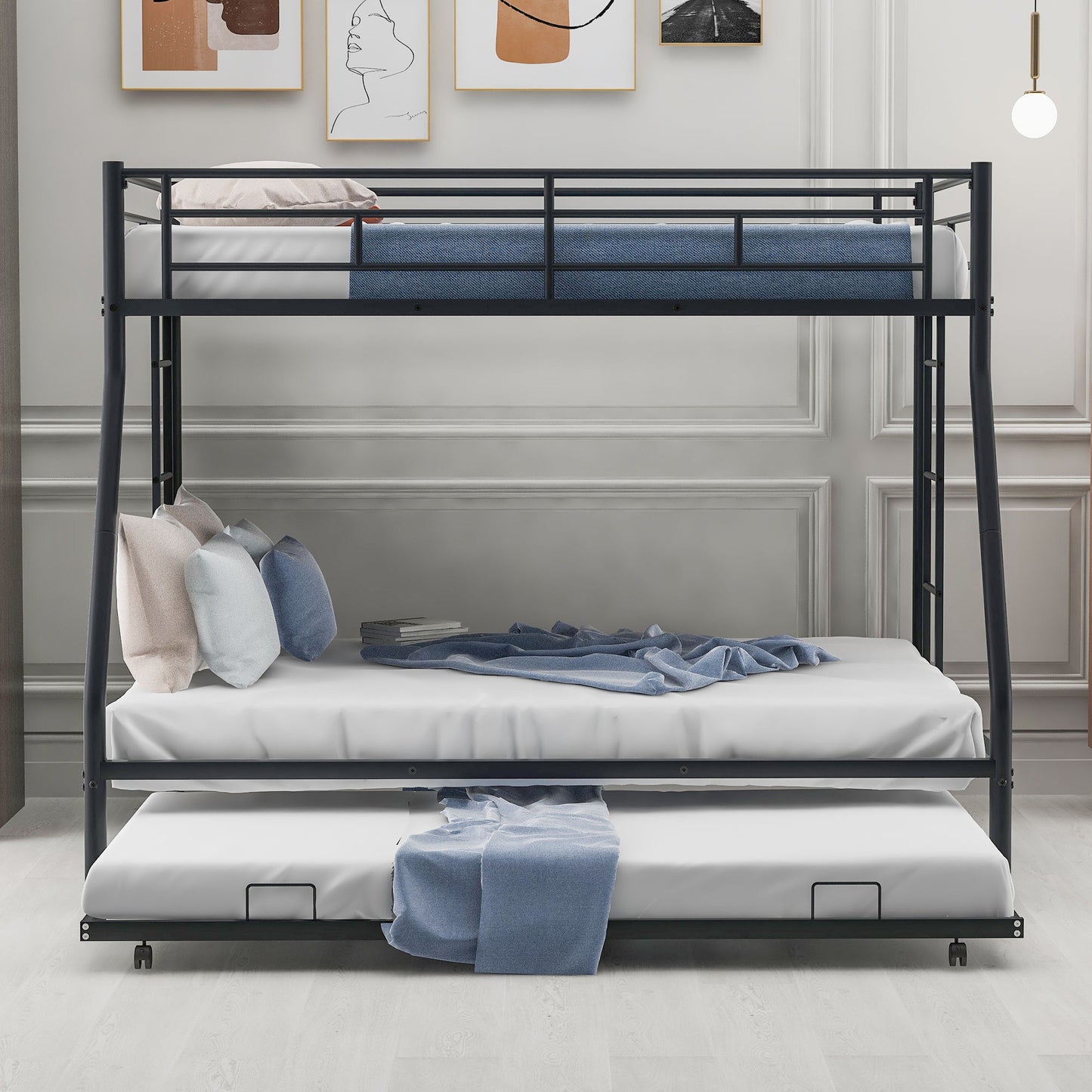 Bunk Bed With Steel Frame And Trundle, 2 Side Ladders