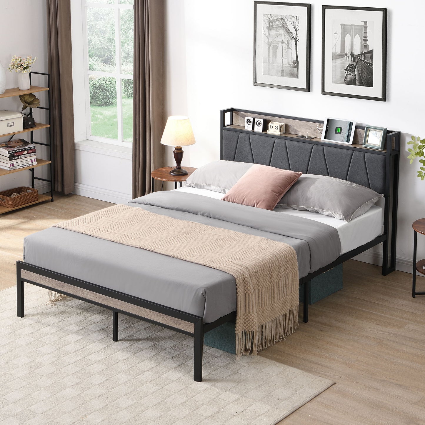 Modern Platform Bed Frame With Upholstered Storage Headboard, USB Ports