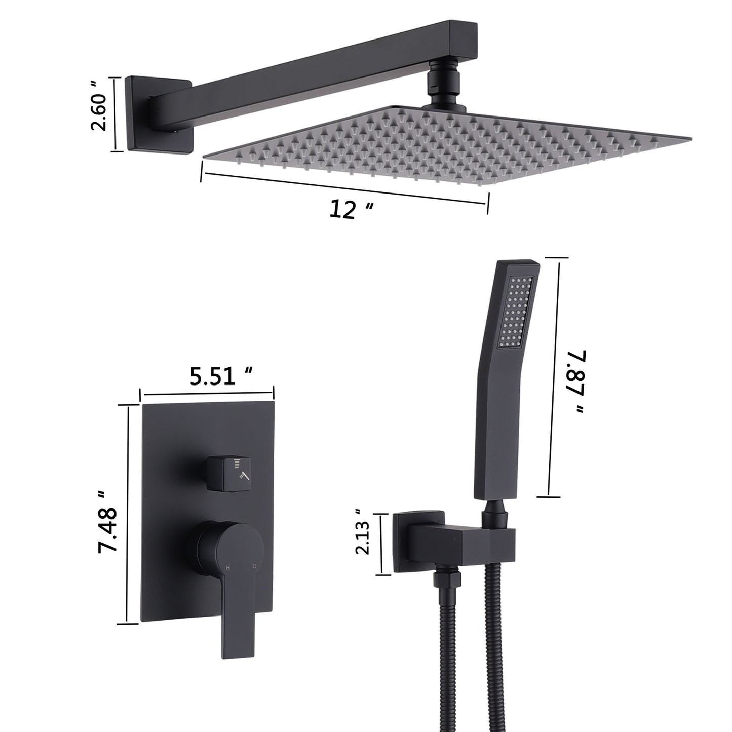12" Ceiling Mount Shower System With Rain Mixer And Handheld Shower
