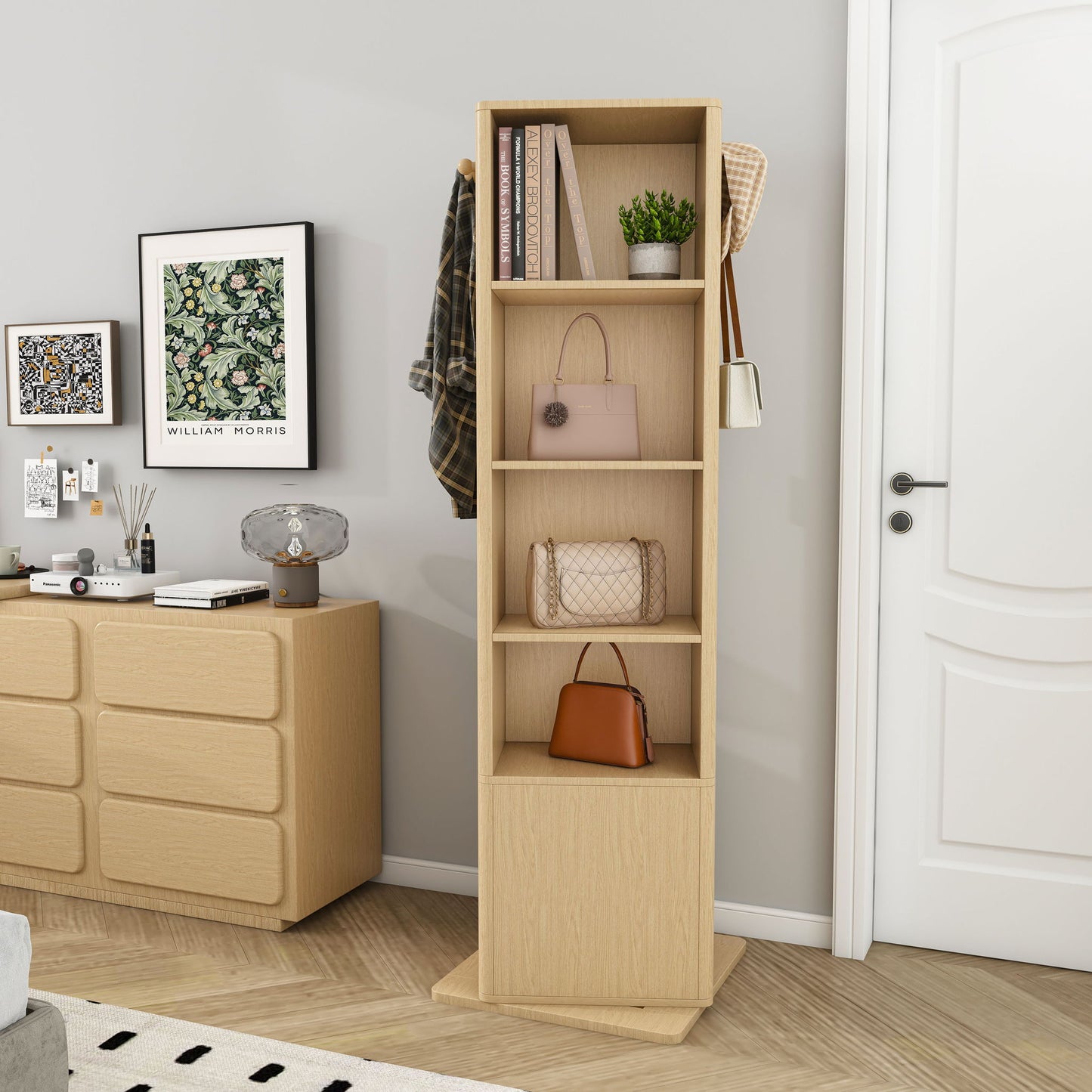 360 Degrees Rotating Makeup Cabinet With Full Length Mirror, Jewelry Storage, 4 Open Shelves, 2 Built In Shelves - Walnut