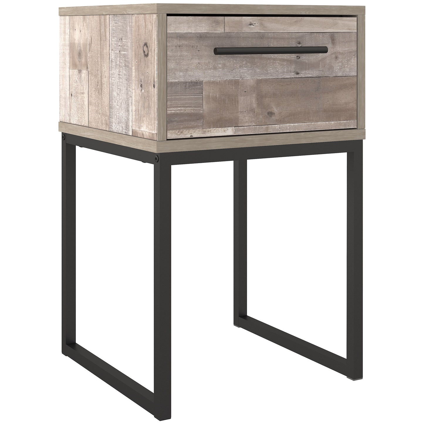 Rustic 1-Drawer Nightstand with Butcher Block Pattern and Metal Sled Legs