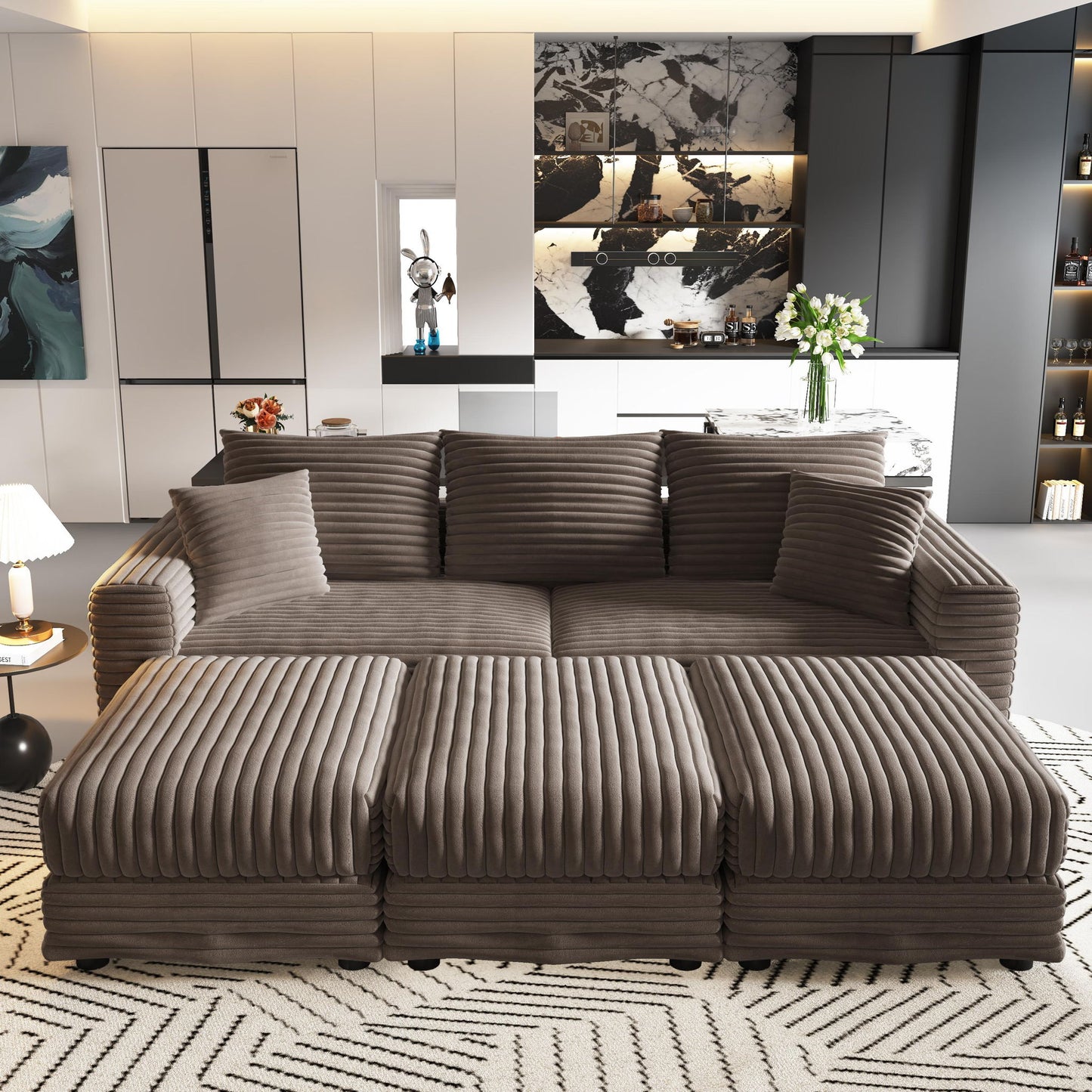 Deep Seat Convertible Sofa With Soft Pillows And Ottomans