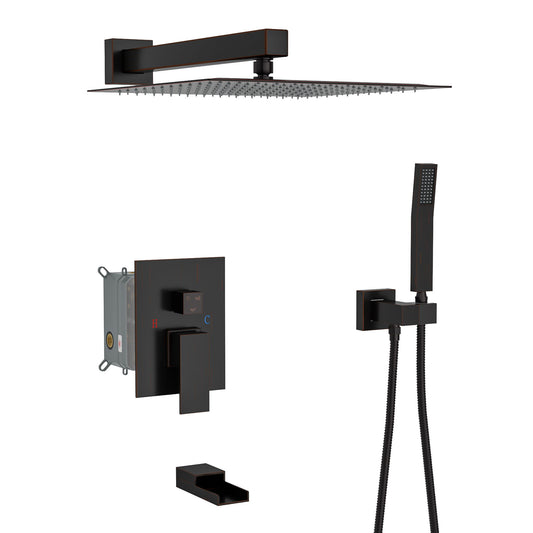 Wall Mounted Square Shower System With Waterfall Tub Spout And 12" Shower Head - Oil-Rubbed Bronze
