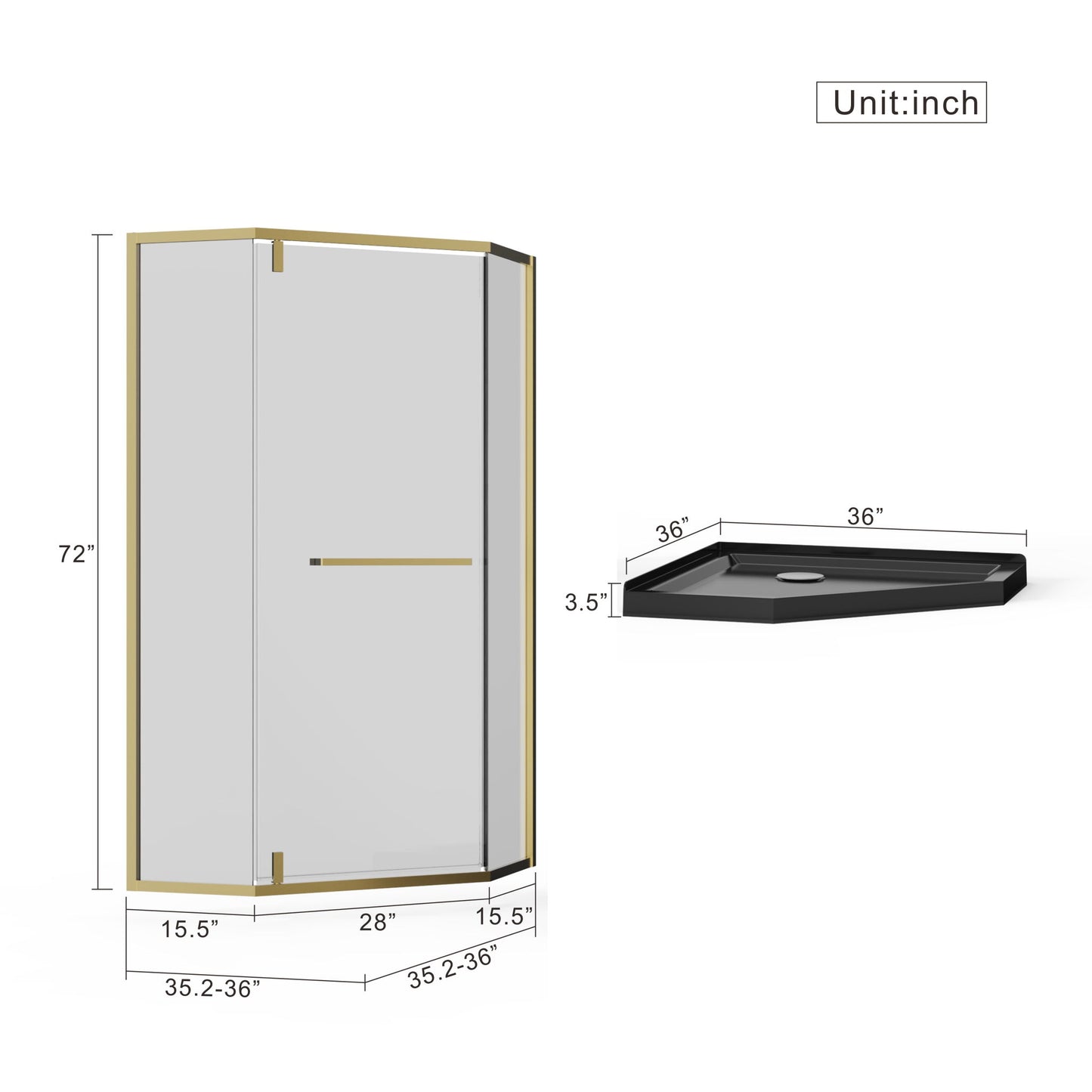 Goodyo - Neo-Angle Frameless Shower Door Corner Enclosure With Acrylic Shower Base Combo, Pivot Shower Door